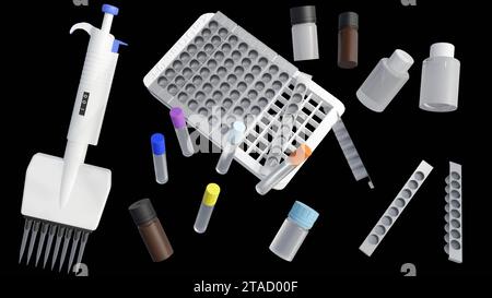 Kit ELISA (Enzyme-Linked Immunosorbent Assay), strisce di piastre rimovibili, reagenti e rilevamento dei biomarcatori ultrasensivi, rendering 3d. Foto Stock