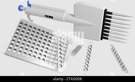 Kit di dosaggio immunosorbente legato agli enzimi (ELISA), strisce di piastre rimovibili, reagenti, rilevamento di biomarcatori ultrasensivi e micropipetta a 8 canali Foto Stock