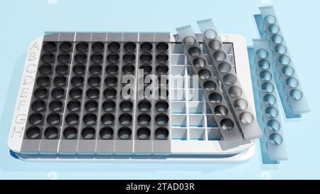 Kit di dosaggio immunosorbente legato agli enzimi (ELISA), strisce di piastre rimovibili, reagenti, rilevamento di biomarcatori ultrasensivi e micropipetta a 8 canali Foto Stock