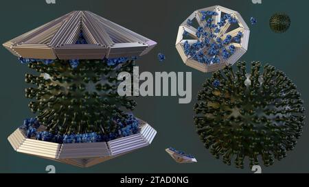 La tecnologia DNA origami è stata in grado di inghiottere un intero corpo del virus o noto come trappola del virus molecolare isolato nel rendering 3d a sfondo nero Foto Stock