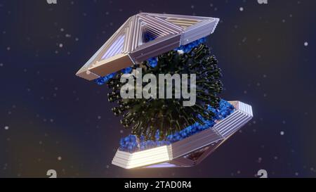 La tecnologia DNA origami è stata in grado di inghiottere un intero corpo del virus o noto come trappola del virus molecolare isolato nel rendering 3d a sfondo nero Foto Stock