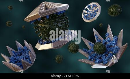La tecnologia DNA origami è stata in grado di inghiottere un intero corpo del virus o noto come trappola del virus molecolare isolato nel rendering 3d a sfondo nero Foto Stock