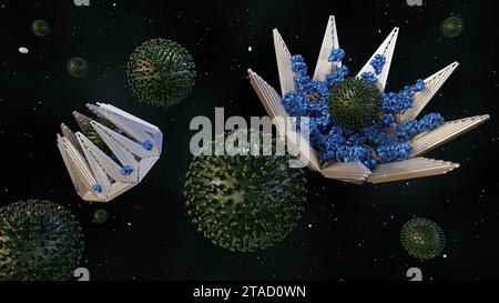 La tecnologia DNA origami è stata in grado di inghiottere un intero corpo del virus o noto come trappola del virus molecolare isolato nel rendering 3d a sfondo nero Foto Stock