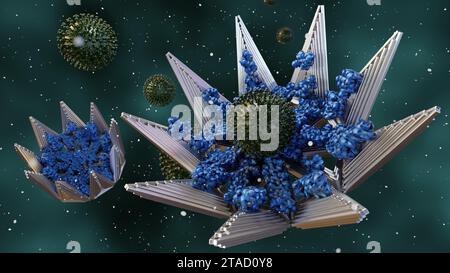 La tecnologia DNA origami è stata in grado di inghiottere un intero corpo del virus o noto come trappola del virus molecolare isolato nel rendering 3d a sfondo nero Foto Stock