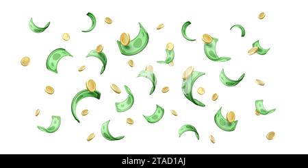 3D che scende da cento dollari e monete d'oro. Banconote e monete per cartoni animati. Background aziendale e investimenti di successo. Illustrazione vettoriale Illustrazione Vettoriale
