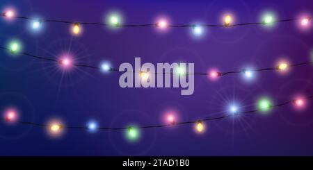 Colora le luci di Natale. Filo con lampadine luminose. Illustrazione vettoriale Illustrazione Vettoriale