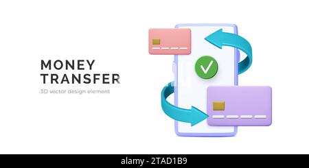 Concetto di transazione Money Success nell'app mobile. Smartphone, frecce e carte di credito con elemento di design cartoon 3D. Trasferisci valuta dalla carta di credito a. Illustrazione Vettoriale