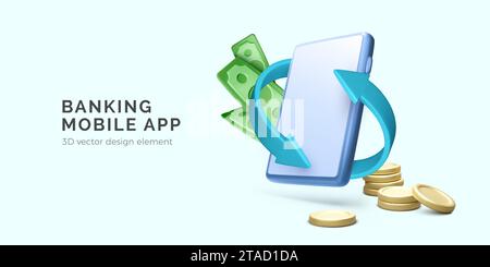 App mobile online banking. Smartphone con cartoni animati 3D con frecce, cartamoneta e monete d'oro. Servizio di cashback. Concetto di gestione del denaro. Illustrazione vettoriale Illustrazione Vettoriale