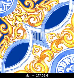 Piastrelle in ceramica di colore blu e giallo. Ornamento siciliano senza cuciture. Sfondo ad acquerello barocco. Ornamento reale disegnato a mano. Ita mediterranea Foto Stock