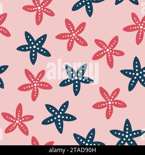 Simpatico motivo senza cuciture fantasia colorata disegnata a mano con stelle marine. Illustrazione Vettoriale