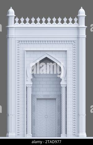 illustrazione 3d. Arco in marmo orientale del mosaico. Architettura scolpita e colonne classiche. Stile indiano. Cornice decorativa architettonica . Foto Stock