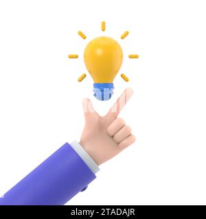 Puntare il dito verso l'alto sulla lampadina come un simbolo grande idea. Avere una nuova idea creativa. Soluzione del problema metafora.disegno piatto illustrazione 3D. Processi di pensiero. Foto Stock