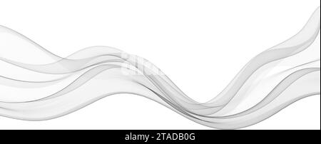 Flusso d'onda astratto grigio uniforme. Immagine di un movimento della curva di flusso in grigio su sfondo bianco. Illustrazione Vettoriale