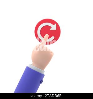 Concetto di riavvio. Riavvio della tecnologia. Mano per premere il grande pulsante rosso. Illustrazione 3d disegno piatto.rendering 3D su sfondo bianco. Foto Stock