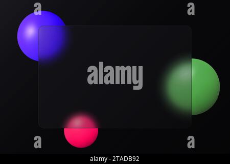 Sfere colorate e banner rettangolare trasparente in vetro con sfondo nero. Sfondo morfismo in vetro scuro Illustrazione Vettoriale