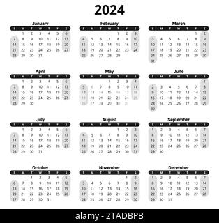 2024 calendario inglese, verticale. La settimana inizia domenica. Illustrazione vettoriale stampabile. Pianifica il tuo anno Illustrazione Vettoriale