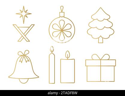 set di icone natalizie dorate: presepe, palla, regalo, abete, campana, candele e illustrazione del vettore presente Illustrazione Vettoriale