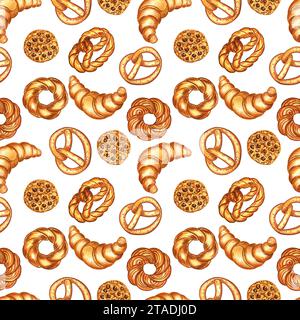 Cottura ad acquerello senza cuciture. Croissant e biscotti disegnati a mano per confezione e menu. I bagel e i pretzel sono fatti in casa. Immagine di appena fatto Foto Stock