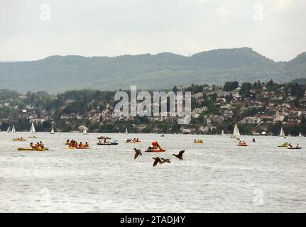 Zurigo, Svizzera - 3 giugno 2017: Catamarani e barche sul lago di Zurigo. Foto Stock