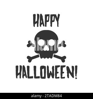 Icona Crossbones / Death Skull con testo Happy halloween. Illustrazione del vettore piatto Illustrazione Vettoriale