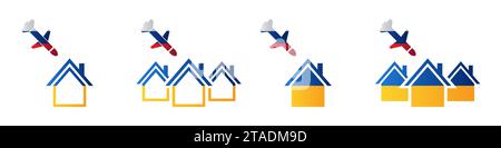 I missili da crociera russi attaccano la città Ucraina. Icona missili da crociera e icona Home. Illustrazione vettoriale Illustrazione Vettoriale