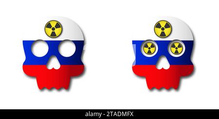 Un teschio dipinto nei colori della bandiera russa con un simbolo di radiazione sulla fronte. Concetto di guerra nucleare. Illustrazione del vettore piatto Illustrazione Vettoriale