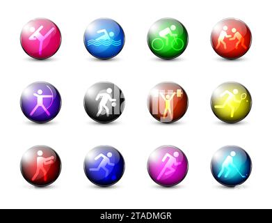 Set di icone per gli sport estivi. Sfere lucide con segni sportivi. Illustrazione del vettore piatto Illustrazione Vettoriale