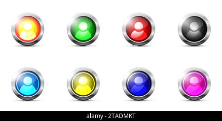 Set di icone persona. Pulsanti lucidi a colori con segno del profilo utente. Illustrazione del vettore piatto Illustrazione Vettoriale