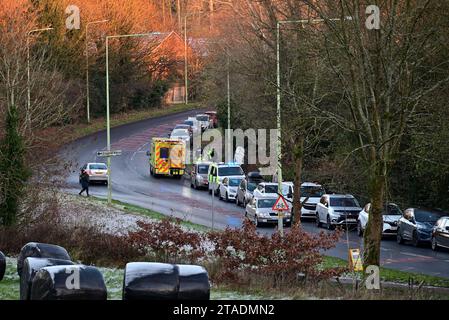 Incidente d'auto - Clayton Brook Road - Westwood Road Junction, Clayton le Woods, Chorley Foto Stock