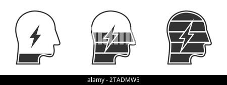 Icona della batteria della testina. Icona della testa umana con simbolo della batteria all'interno. Illustrazione vettoriale Illustrazione Vettoriale