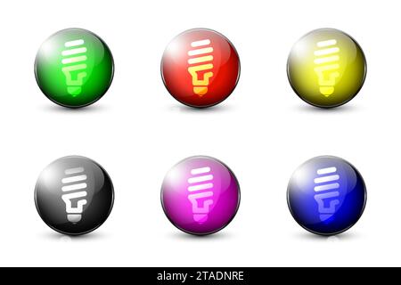 Set di sfere colorate con icona lampadina fluorescente a risparmio energetico. Illustrazione del vettore piatto. Illustrazione Vettoriale