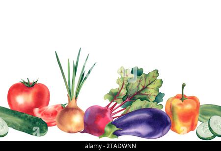 Bordo senza cuciture di pepe, cipolla, barbabietola, melanzane, pomodori e cetrioli. Verdure fresche e sane. Illustrazione acquerello. Disegno manuale. Per Foto Stock