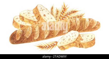 Baguette fresche intere e tagliate a metà, pane francese con orecchie di grano. Illustrazione ad acquerello disegnata a mano, isolata su sfondo bianco. Foto Stock