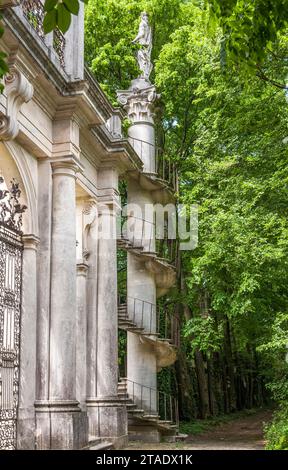 Una delicata scala a chiocciola si snoda fino a un belvedere in cima alla grandiosa porta formale dei giardini barocchi 18c di Villa Pisani, Stra, Italia Foto Stock