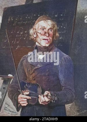 Alter Musiklehrer mit Violine steht vor einer Tafen mit Noten, um 1885, Historisch, digital restaurierte Reproduktion von einer Vorlage aus dem 19. Jahrhundert / Antica insegnante di musica con violino in piedi di fronte ad un tavolo con spartiti, intorno al 1885, storica riproduzione restaurata digitalmente da un originale del XIX secolo Foto Stock