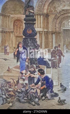 Kinder bei Taubenfütterung auf dem Markusplatz in Venedig, Italien, um 1885, Historisch, digital restaurierte Reproduktion von einer Vorlage aus dem 19. Jahrhundert / bambini che danno da mangiare ai piccioni in Piazza San Marco a Venezia, Italia, intorno al 1885, riproduzione storica, restaurata digitalmente da un originale del XIX secolo Foto Stock