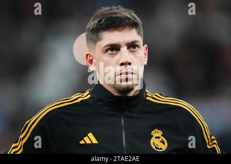 Madrid, Spagna. 29 novembre 2023. Fede Valverde del Real Madrid durante la partita di UEFA Champions League, gruppo C, tra Real Madrid e SCC Napoli ha giocato allo stadio Santiago Bernabeu il 29 novembre 2023 a Madrid, in Spagna. (Foto di Bagu Blanco/PRESSINPHOTO) crediti: PRESSINPHOTO SPORTS AGENCY/Alamy Live News Foto Stock