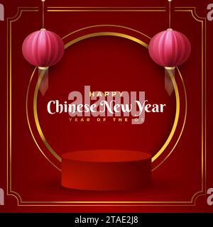 Biglietto d'auguri o banner per Capodanno cinese con podio rotondo e lanterna su sfondo rosso Illustrazione Vettoriale