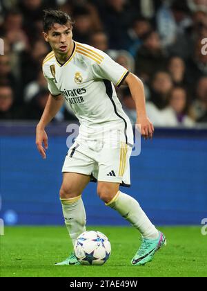 Madrid, Spagna. 29 novembre 2023. Brahim Diaz del Real Madrid durante la partita di UEFA Champions League, gruppo C, tra Real Madrid e SCC Napoli ha giocato allo stadio Santiago Bernabeu il 29 novembre 2023 a Madrid, in Spagna. (Foto di Bagu Blanco/PRESSINPHOTO) crediti: PRESSINPHOTO SPORTS AGENCY/Alamy Live News Foto Stock