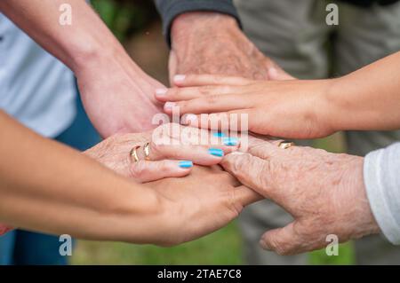 Concetto di famiglia, società che invecchia o lavoro di squadra, mani che mostrano unità nel mettere insieme le mani, mani anziane rughe degli anziani insieme ad altre mani giovani. Foto di alta qualità Foto Stock