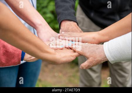 Concetto di famiglia, società che invecchia o lavoro di squadra, mani che mostrano unità nel mettere insieme le mani, mani anziane rughe degli anziani insieme ad altre mani giovani. Foto di alta qualità Foto Stock