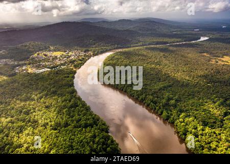 Francia, Guyana francese, Roura, vista aerea del comune di Roura e del fiume Oyak, Miroux creek (vista aerea) Foto Stock