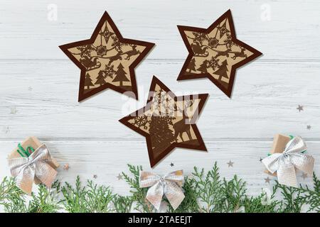 ORNAMENTI CHRISTMAS STARS le lime di layout multistrato digitali sono appositamente predisposte per il taglio laser, la fresatrice CNC e altre macchine da taglio. Illustrazione Vettoriale