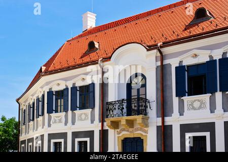 art nouveau, vecchio edificio residenziale in stucco bianco di stile secessionista. finestre e persiane in legno. balcone in pietra. ringhiera in ferro battuto. tetto in piastrelle di argilla Foto Stock