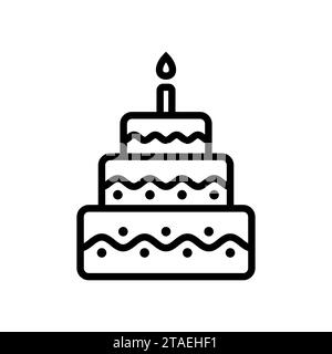 Simpatica icona della linea di torta di compleanno con candela. Dessert tradizionale per feste o celebrazioni. Dolci dolci. Illustrazione vettoriale. Illustrazione Vettoriale