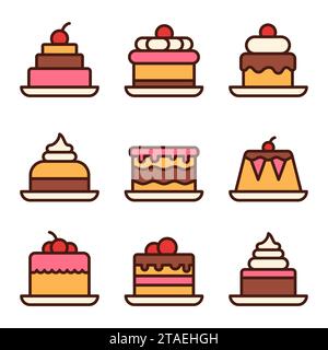 Set di icone della linea di dessert per torte. Cartellone di dolci. Semplice e delizioso simbolo piatto. Dolci torte di compleanno, cupcake da forno isolato su bianco. Illustrazione Vettoriale