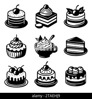 Set di icone nere per dessert a base di torta. Cartellone di dolci. Semplice e delizioso simbolo nero. Dolci torte di compleanno, cupcake da forno isolato su bianco. Illustrazione Vettoriale