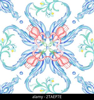 Illustrazione ad acquerello con motivo in maiolica siciliana senza cuciture. Piastrelle in ceramica disegnate a mano in colori pastello tenui. Stampa italiana con elementi floreali. Foto Stock