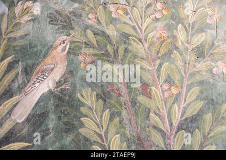 Italia, Pompei - interno di una casa di lusso romana, particolare affresco con uccello in un giardino, 79 d.C. Foto Stock