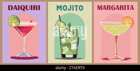 Cocktail retro wall art set vettoriale. Illustrazione Vettoriale